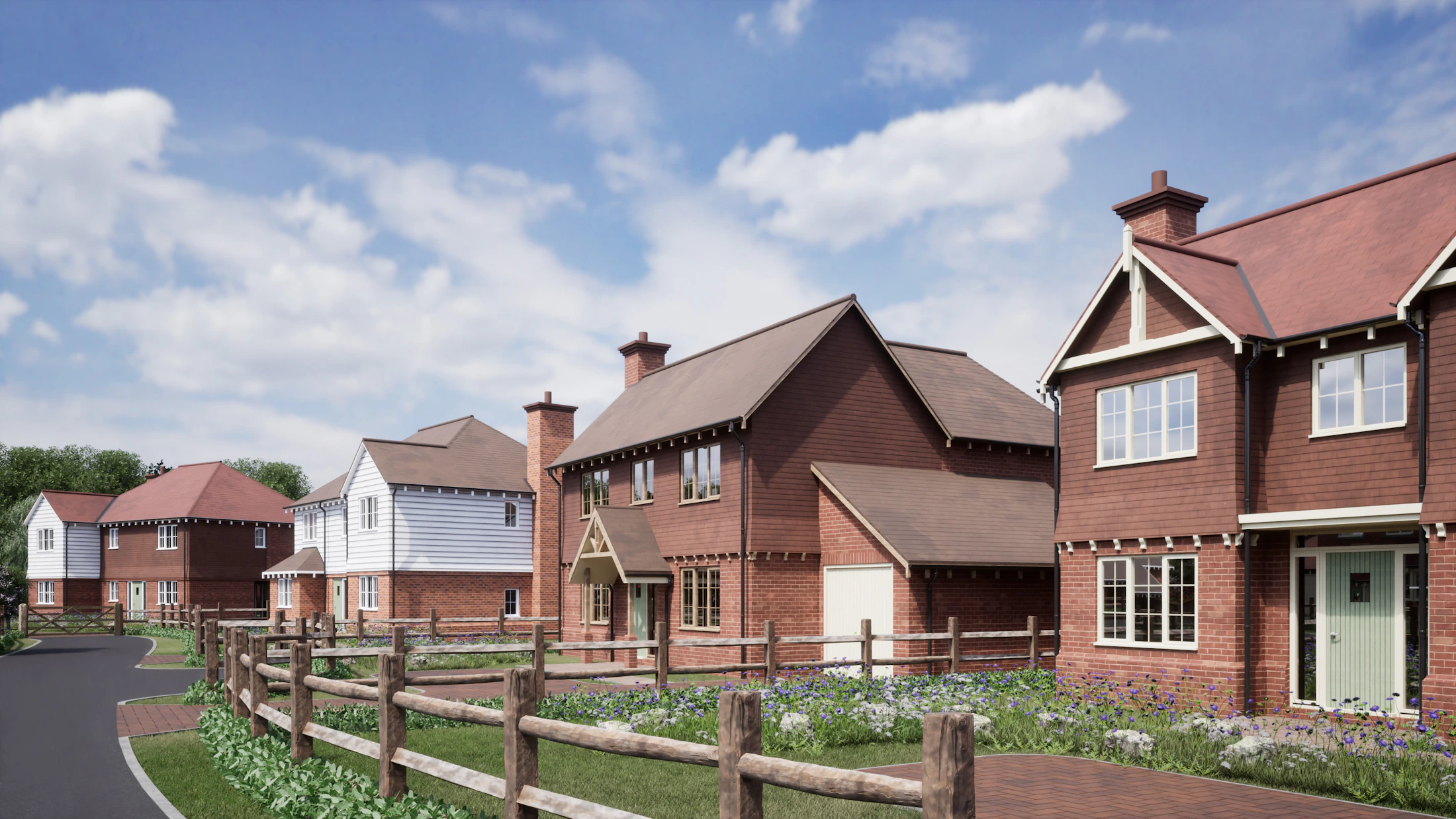 British red-brick homes with pitched tiled roofs